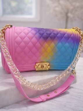 Gradient Jelly Quilted Shoulder Bag in Pink, Blue & Yellow